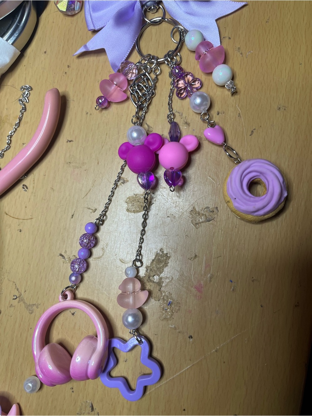 Kids Pink & Lavender Charm Keychain with Headphone, Donut & Star Charms